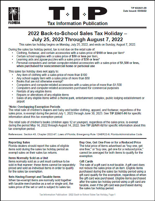 TIP 2022 Back-to-School Sales Tax Holiday
